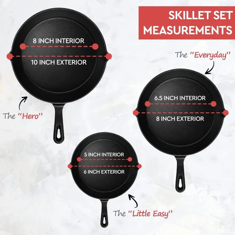 3-Piece Black Cast Iron Skillet Pans Set